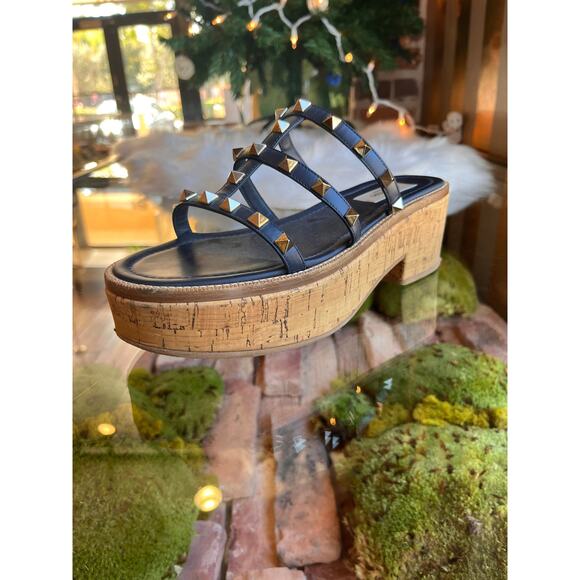 VALENTINO  Navy Blue Rockstud Cork Sandals SZ 37.5 - Picture 2 of 10